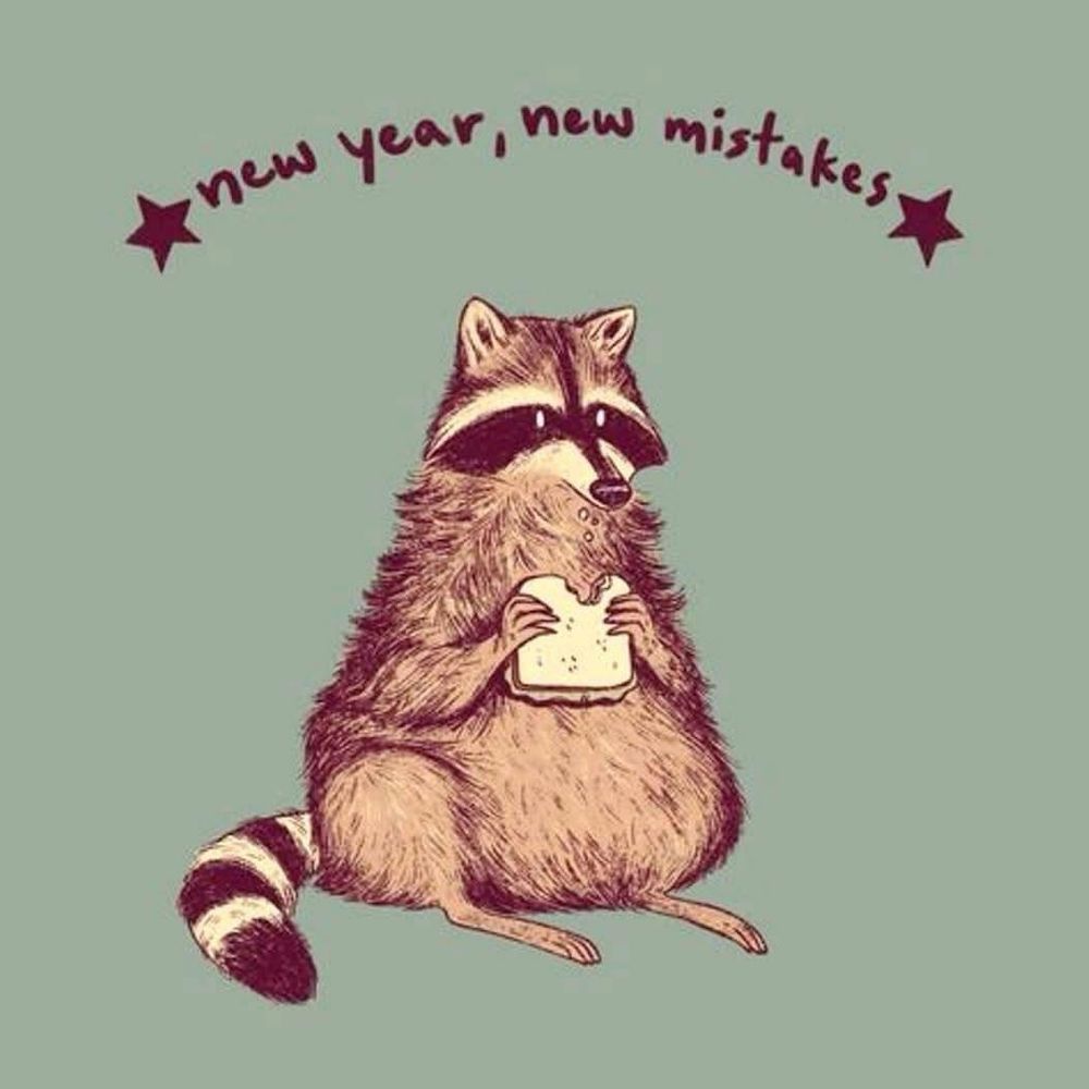 A drawing of a chubby raccoon sitting on the ground, holding a sandwich from which he has taken a bite. Above it, the text reads ‘New year, new mistakes,’ with two small stars bookending text.