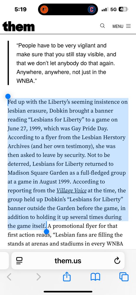 Fed up with the Liberty's seeming insistence on lesbian erasure, Dobkin brought a banner reading "Lesbians for Liberty" to a game on June 27, 1999, which was Gay Pride Day.
According to a flyer from the Lesbian Herstory Archives (and her own testimony), she was then asked to leave by security. Not to be deterred, Lesbians for Liberty returned to Madison Square Garden as a full-fledged group at a game in August 1999. According to reporting from the Village Voice at the time, the group held up Dobkin's "Lesbians for Liberty" banner outside the Garden before the game, in addition to holding it up several times during the game itself.