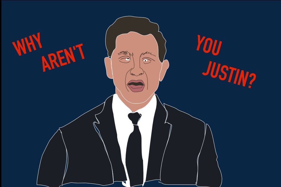 A quick sketch of Poilievre in tonight's debate, with red lettering around him that reads: "WHY AREN'T YOU JUSTIN?" 