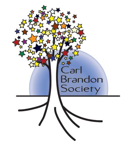 Logo of the Carl Brandon Society. Simple drawing of a tree with multicolored stars as its leaves, full blue moon rising behind it, with the words "Carl Brandon Society" on the moon.