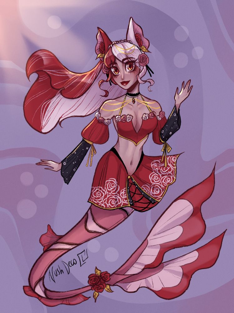 Friendly mermaid with red clownfish tail, cat ears, roses, and decorative flowery tassels waving against a purple background with bubbles. Her name is Scarlett from user Skywatcher, this was a commission