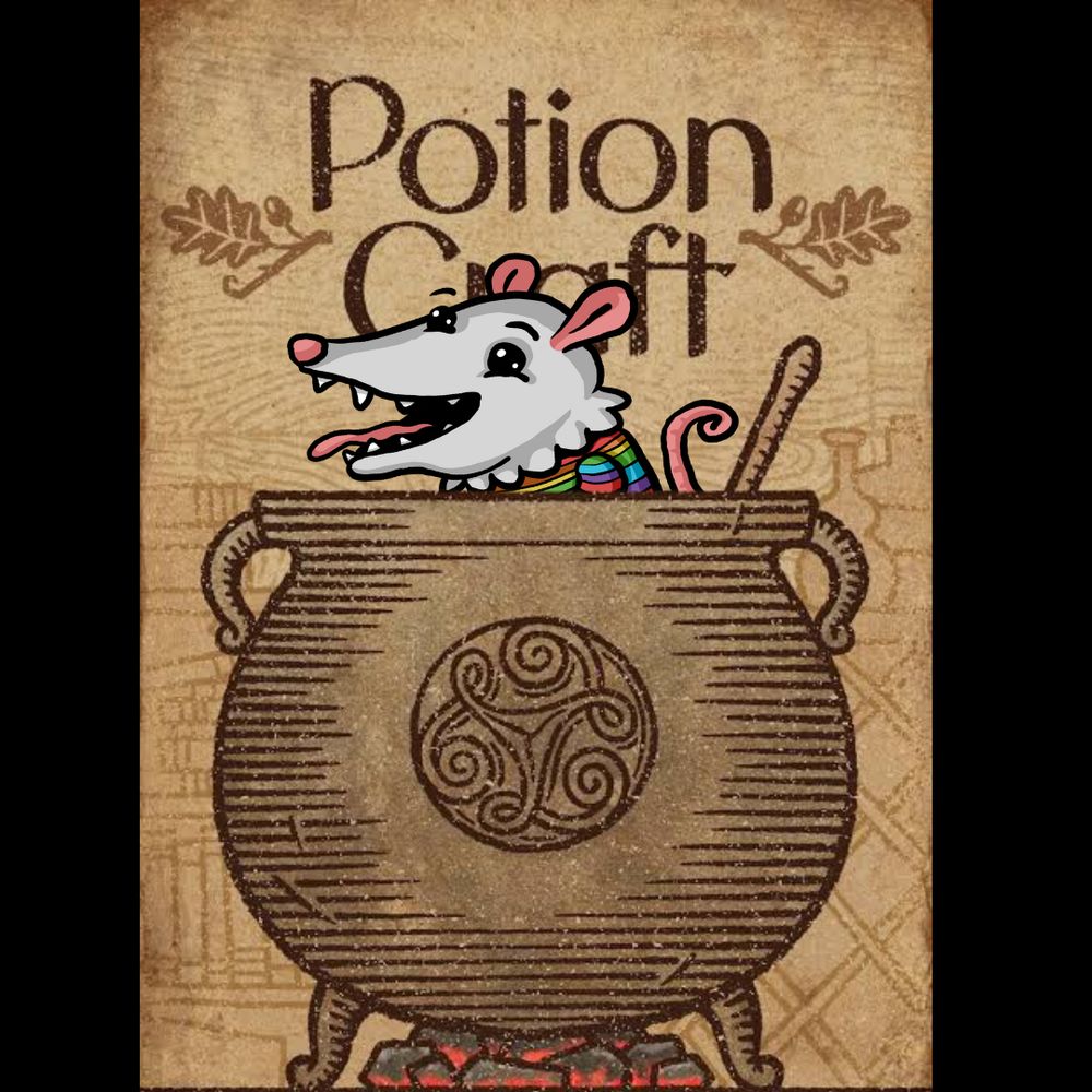 The possum version of me sitting in the cauldron from Potion Craft