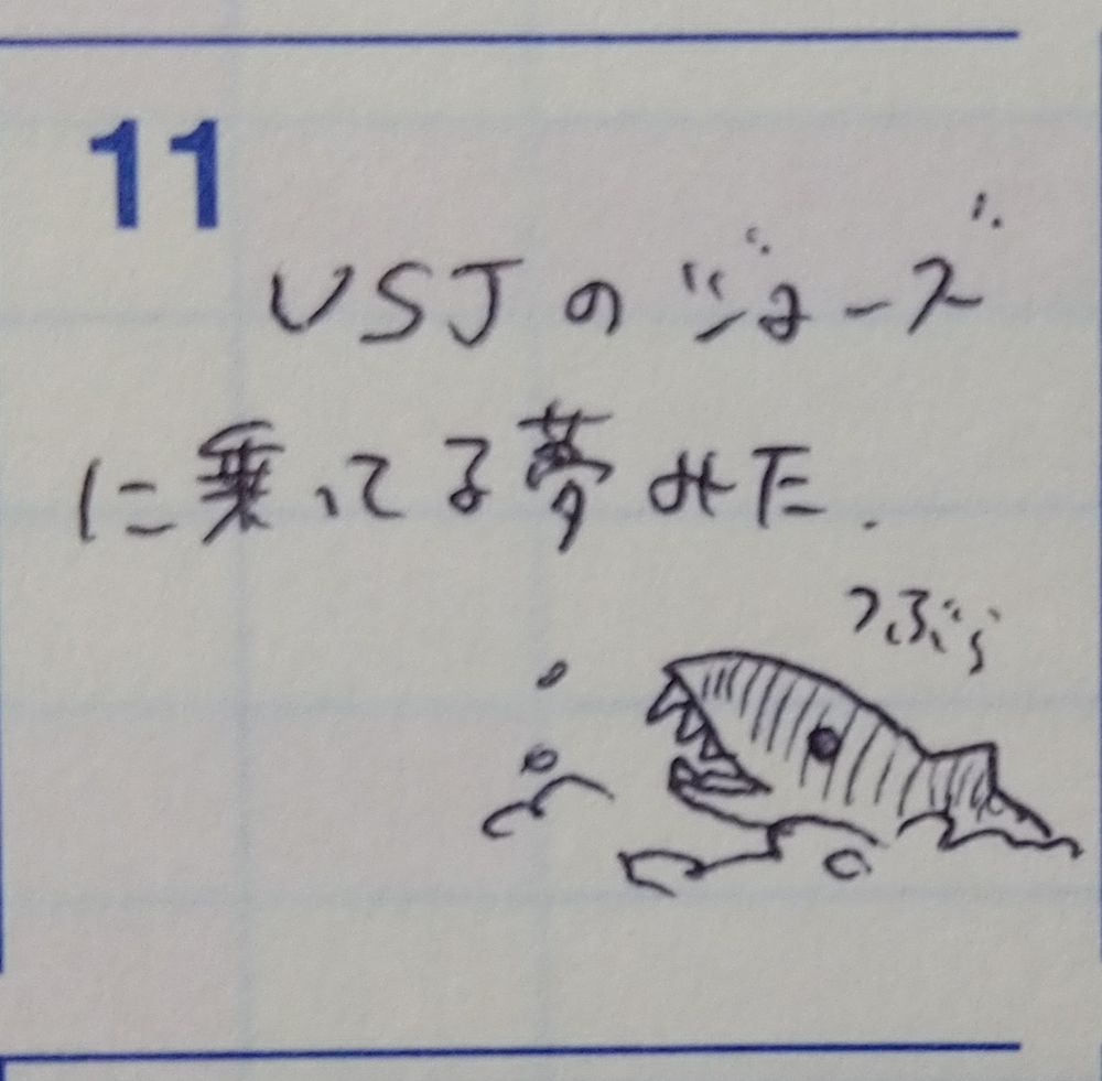 11日の日記。USJのジョーズに乗ってる夢みた　という文章とつぶらな瞳のサメのイラスト