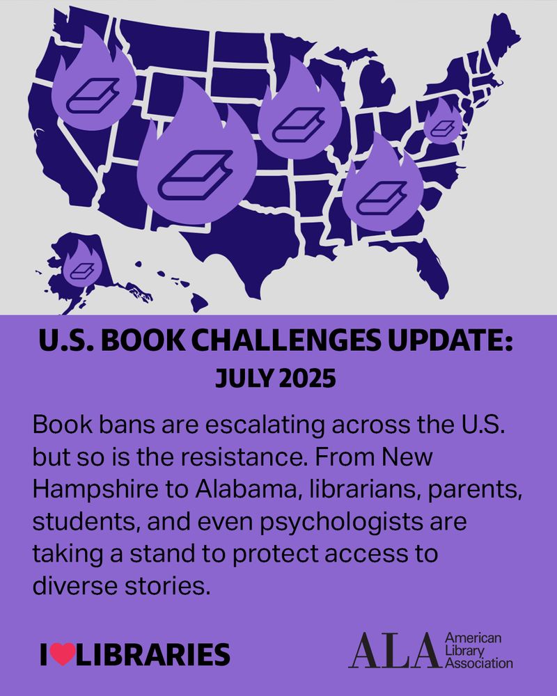 U.S. Book Challenges Update: July 2025. Book bans are escalating across the U.S. but so is the resistance. From New Hampshire to Alabama, librarians, parents, students, and even psychologists are taking a stand to protect access to diverse stories.
Illustration of U.S. map with markers of books on fire. 