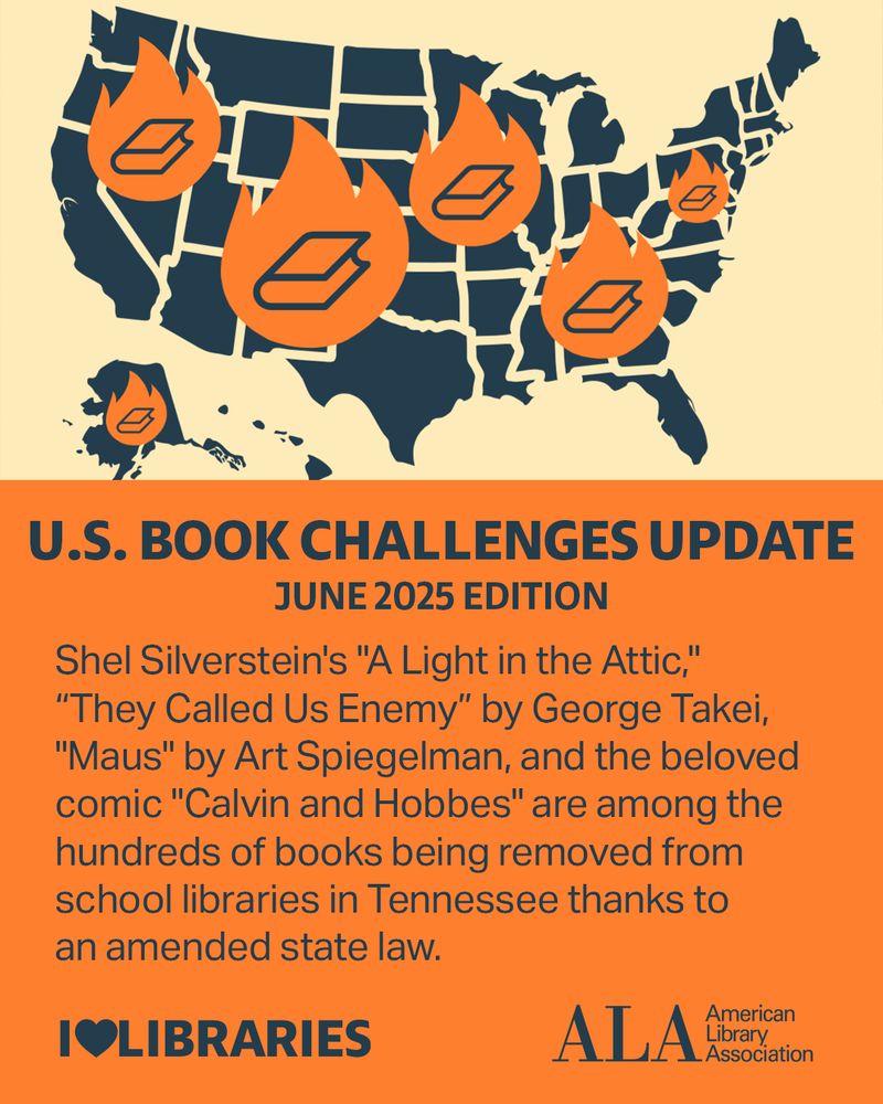 U.S. Book Challenges, June 2025 edition. Shel Silverstein's "A Light in the Attic," They call us the Enemy" by George Takei, "Maus" by Art Spiegelman, and the beloved comic "Calvin and Hobbes" are among the hundreds of books being removed from school libraries thanks to an amended state law. 