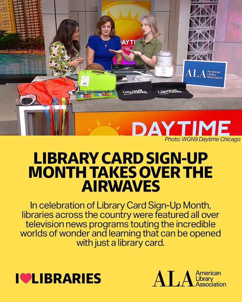 Main image including three people on the set of WGN-Daytime Chicago discussing Library Card Sign-Up Month, with header text "LIBRARY CARD SIGN-UP MONTH TAKES OVER THE AIRWAVES." 