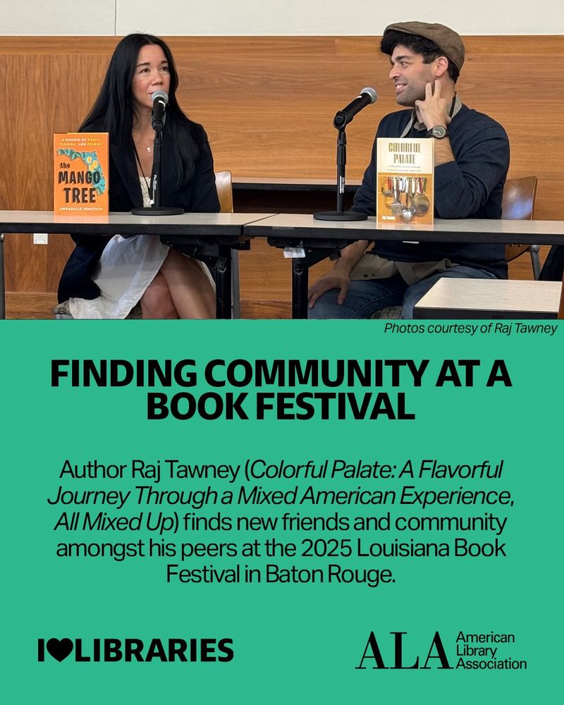 Feature image: Annabelle Tometich, author of “The Mango Tree: A Memoir of Fruit, Florida, and Felony,” and Raj Tawney at the Louisiana Book Festival. With title text "FINDING COMMUNITY AT A BOOK FESTIVAL". Body text reads "Author Raj Tawney (Colorful Palate: A Flavorful Journey Through a Mixed American Experience, All Mixed Up) finds new friends and community amongst his peers at the 2025 Louisiana Book Festival in Baton Rouge."