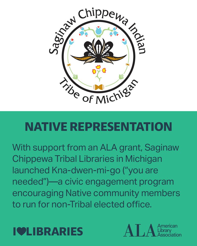With support from an ALA grant, Saginaw Chippewa Tribal Libraries in Michigan launched Kna-dwen-mi-go (“you are needed”)—a civic engagement program encouraging Native community members to run for non-Tribal elected office. 
