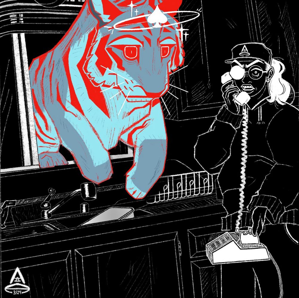 A recreation of the photo of Tippi Hedren and with the tiger jumping through her kitchen window. Same mascot now drawn to be slightly more realistic while a stylized version of me (who is wearing glasses with one lens filled in with a black hoodie and cap with my artist signature on it) is holding a telephone and holding a shocked expression. The pic is all black and white expect for the tiger, which is still red and blue. 
