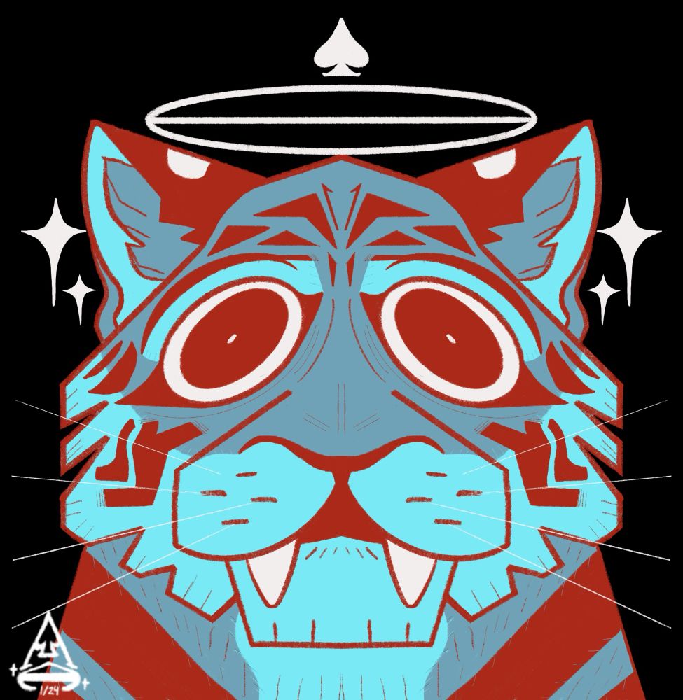 Full illustration of my current profile picture and mascot. It’s the head of a blue and red tiger that is staring directly at the viewer. It has two stars on both sides of its head with an oval with a line going through it, resembling a halo, and spade above its head.