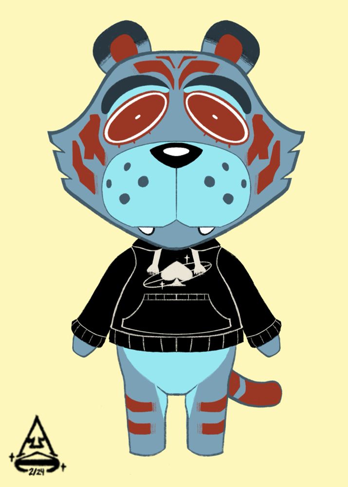 The same mascot drawn as an Animal Crossing villager, and is now wearing a black hoodie with the same oval, stars and spade on it.