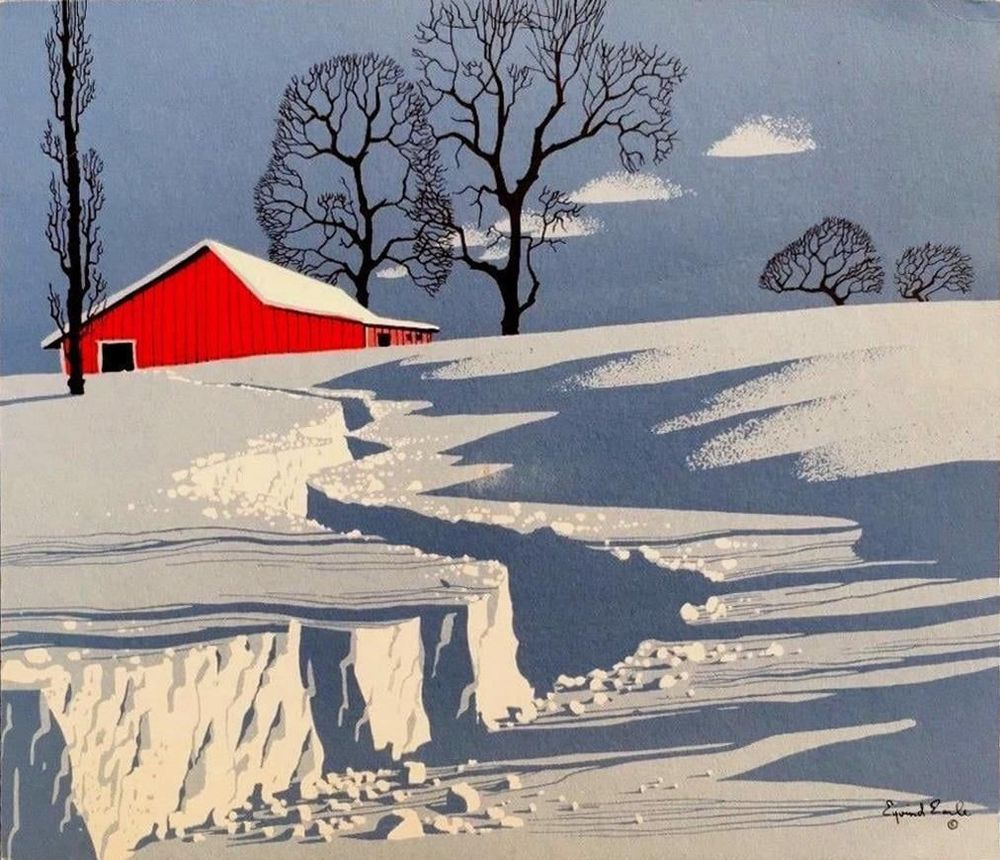 Eyvind Earle (American, 1916 – 2000).  "Path in Snow"