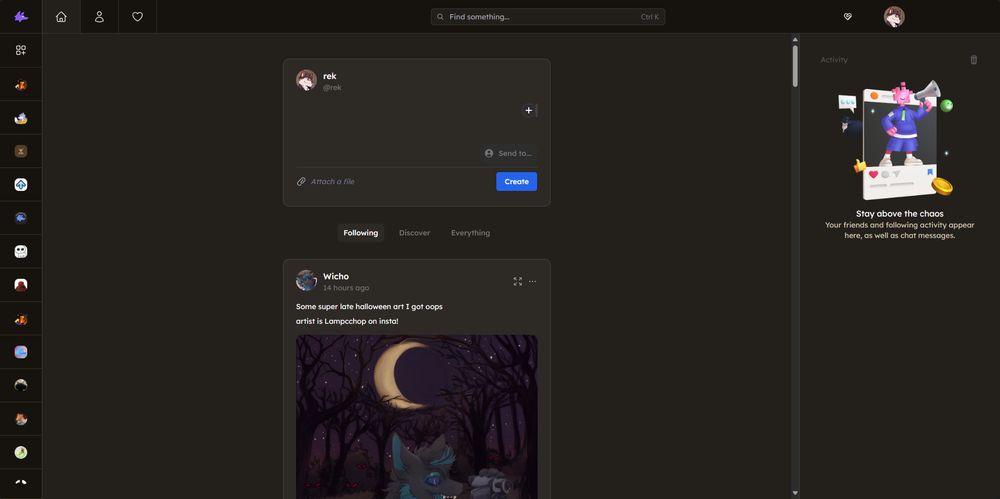 Screenshot of Yipnyap's homepage when signed in which shows a feed in the center, and a redesigned slim sidebar showing group and friend icons on the left, and notification & chat activity on a new sidebar on the right. The UI is coloured based on the user's header image.