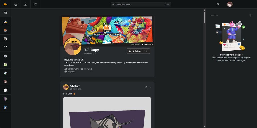 Screenshot of a user's profile on Yipnyap with ther header card on the top, the feed in the center, and a redesigned slim sidebar showing group and friend icons on the left, and notification & chat activity on a new sidebar on the right. The UI is coloured based on the user's header image.