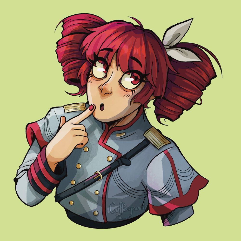 A digital drawing of the SynthV vocaloid Teto. It is drawn from an angle slightly above her and she is looking up towards the viewer with a curious expression. She has one finger pressed to her cheek and the other arm is down by her side. The drawing cuts off just above her waist. 

Teto is a pale, young looking girl with red eyes. Her hair is also red and is in drill-like pigtails. She has a white bow on the left side of her head and is wearing a grey and red marching band uniform. 