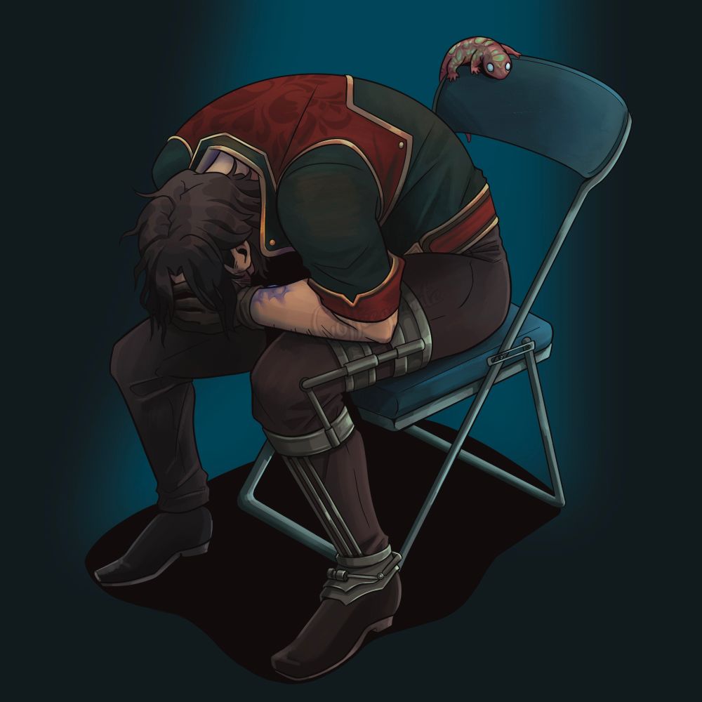 A digital illustration of Jayce Talis from Arcane season 2. He is holding his head in his hands, hunched over, while sat in a metal folding chair. This is a reference to the Shinji Chair meme from Neon Genesis Evangelion. There is also a mutated lizard sitting on the back of the chair. 

