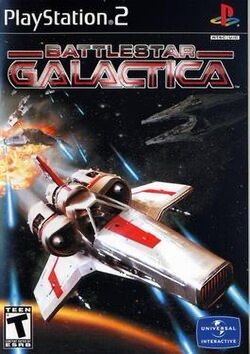 Battlestar Galactica for the Sony Playstation 2.  A Colonial Viper is pursued by Cylon Raiders over a yellow planet. 