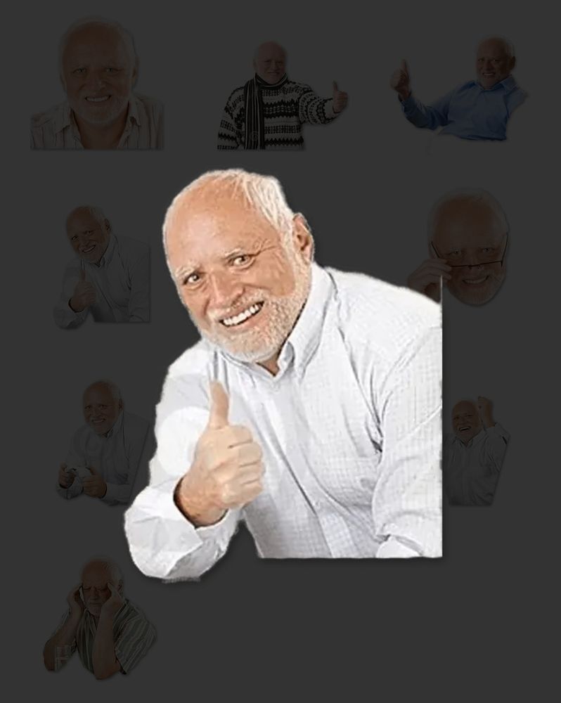 La imagen muestra a un hombre mayor de tez clara, calvo con barba y cabello blanco, vistiendo una camisa blanca. Tiene una expresión de sonrisa forzada mientras hace un gesto de aprobación con el pulgar arriba. En el fondo, hay varias imágenes difuminadas del mismo hombre en diferentes poses y expresiones, algunas con la misma sonrisa característica y otras con gestos más serios o pensativos. El montaje refuerza la sensación de incomodidad oculta tras la sonrisa, un rasgo distintivo del meme "Hide the Pain Harold".

