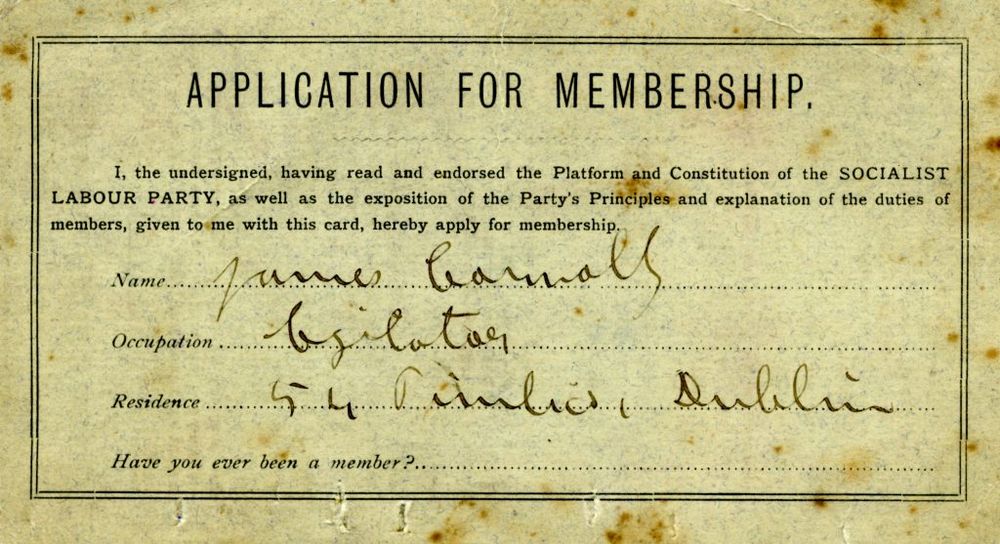 James Connolly's membership card for the Socialist Labour Party (Tait and Watson Collection, University of Stirling Archives).