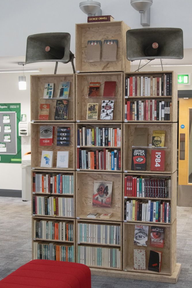 Part of The Winston Smith Library of Victory and Truth, an exhibition by the artist Hans K Clausen displaying 1,984 copies of George Orwell's novel 1984. In the University of Stirling Library until Saturday 1 March 2025