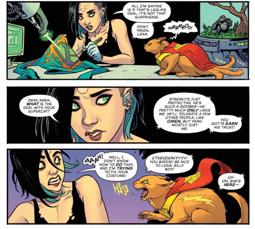 An emotional conversation between Supergirl and Lena Luthor comes to an abrupt end because Streaky the Super-Cat is about to commit the sin of murder, from Sophie Campbell's Supergirl #3 (2025)