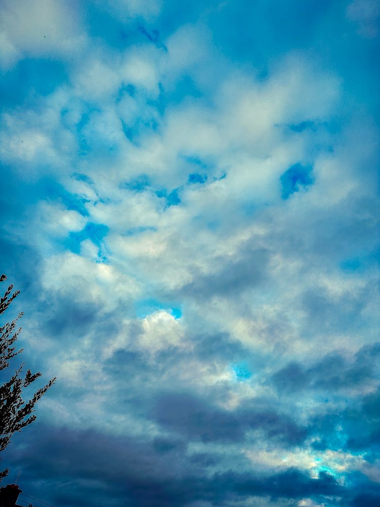 The picture shows some cloud formations in different shades of lights and dark blues this evening in the skies in my little part of Ireland. There is a tree creeping in from the left of frame and at the bottom left there is the top of a house.