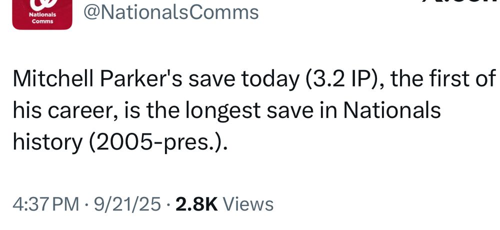 Social media post from Washington Nationals communications: 

Mitchell Parker's save today (3.2 IP), the first of his career, is the longest save in Nationals history (2005-pres.).