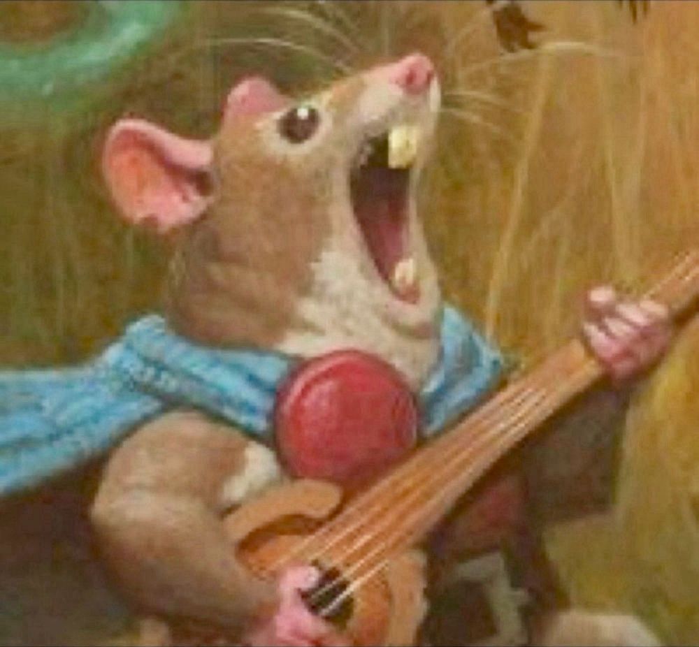 Illustration of a mouse playing a mandolin. He wears a blue scarf with a red brooch clasp, and his mouth is comically open as though he’s singing at the top of his lungs.