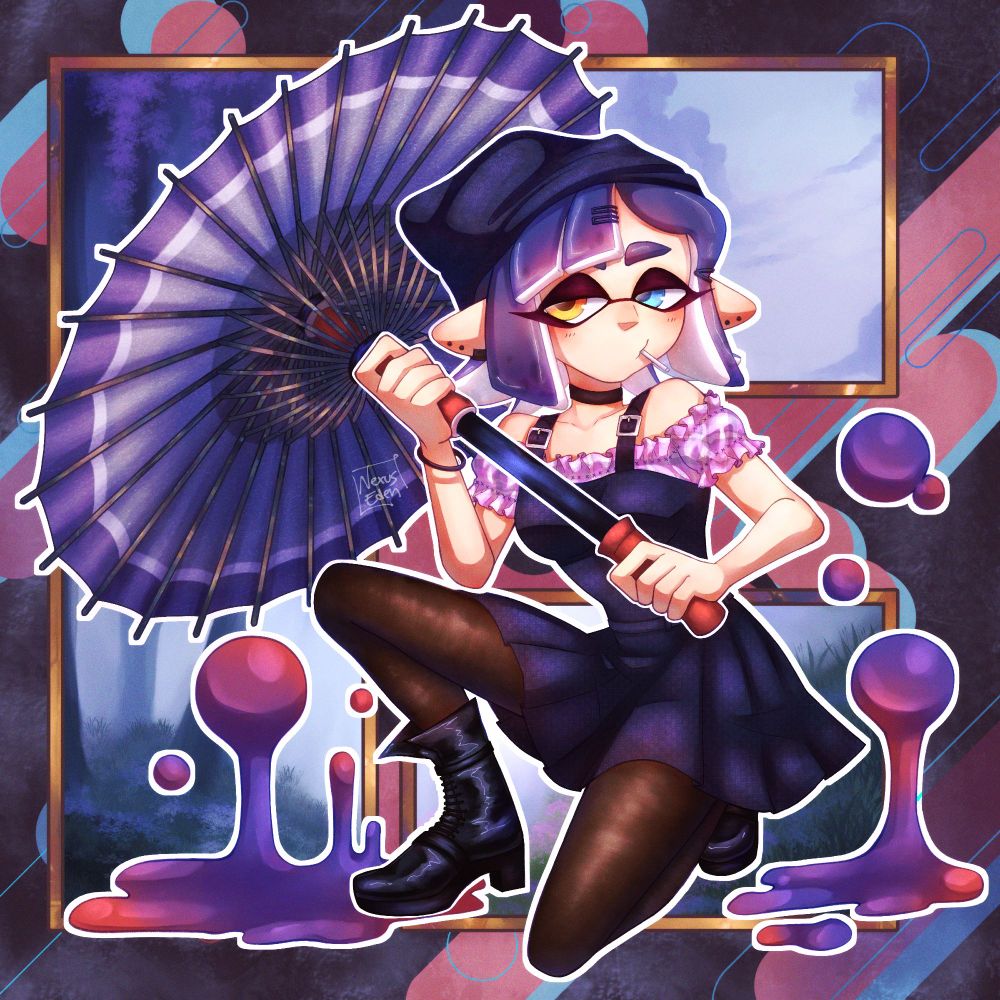 Splatoon inkling in a kneeling position holding up their recycled brella