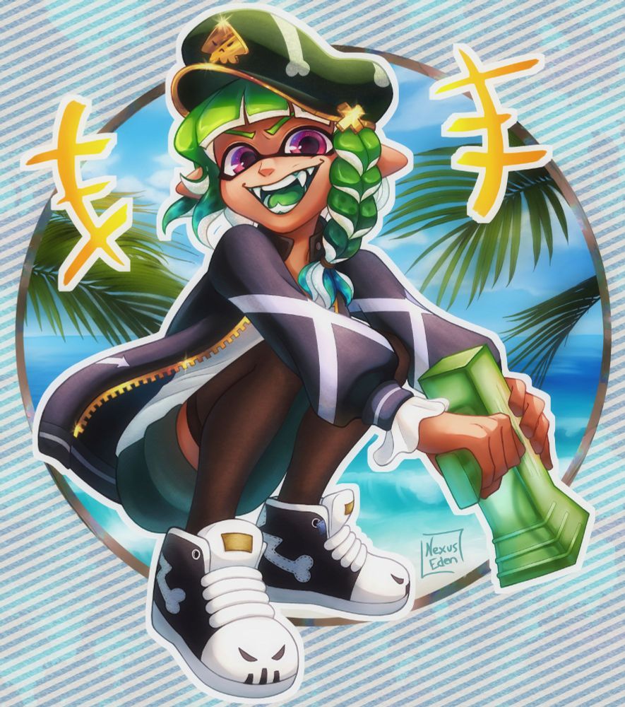 Splatoon inkling holding the splattershot jr in a squatting pose