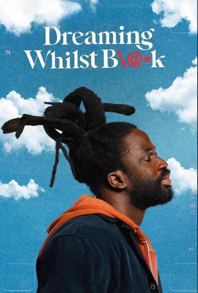 Black man with eyes closed like he’s daydreaming with a background full of clouds.