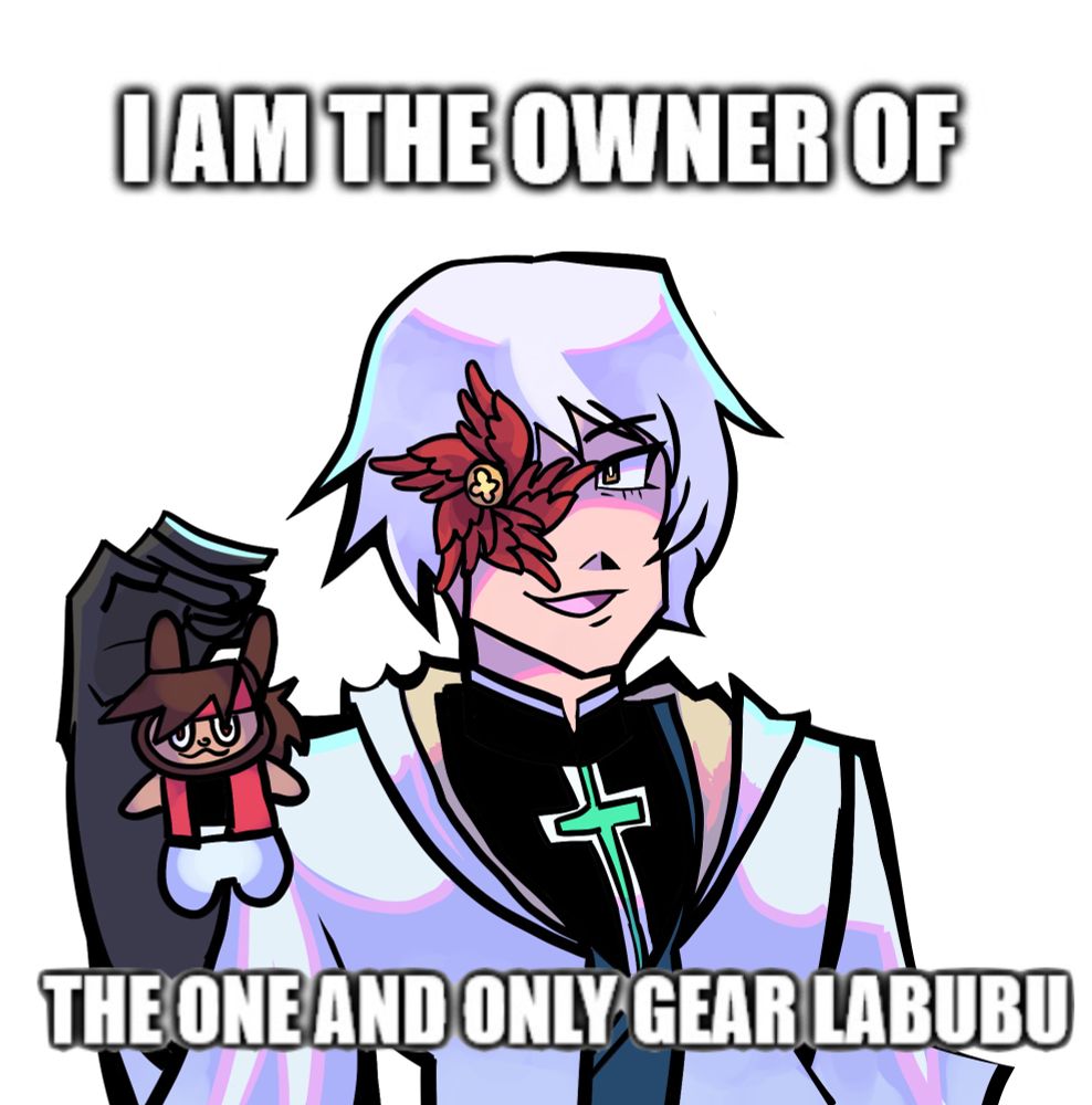 That Man / Asula from the fighting game Guilty Gear Strive holding a labubu version of Sol Badguy shitpost