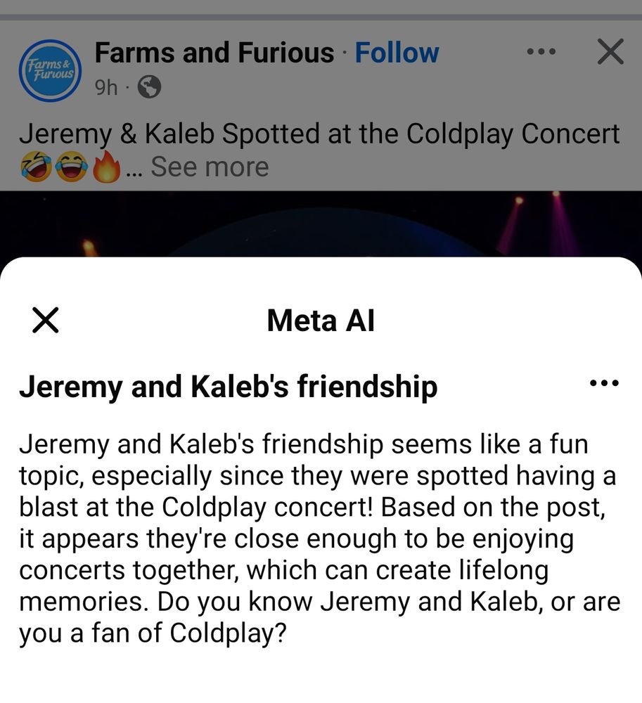 Meta AI does a very poor job at explaining a Coldplay kisscam meme.