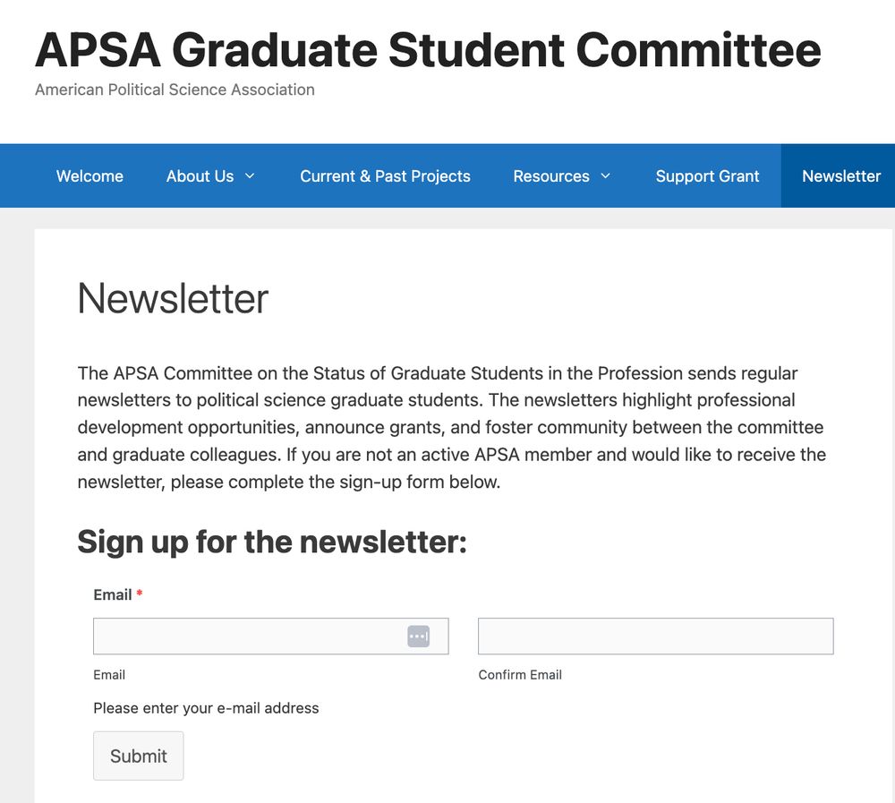 Screenshot of newsletter sign up for the APSA Grad Status Committee