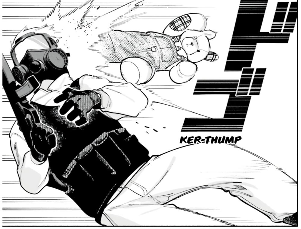 A manga panel from Nio Nakatani's manga "Kimi wa Shuumatsu", featuring a teddy bear drop-kicking a man with a machine gun.