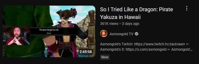 Screenshot of a thumbnail for Like a Dragon: Pirate Yakuza in Hawaii video by Asmongold