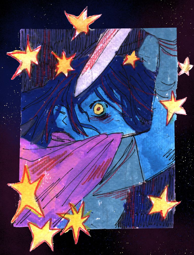 messy gouache sketch of kris deltarune, a blue-skinned kid wielding a sword, surrounded by yellow star doodles