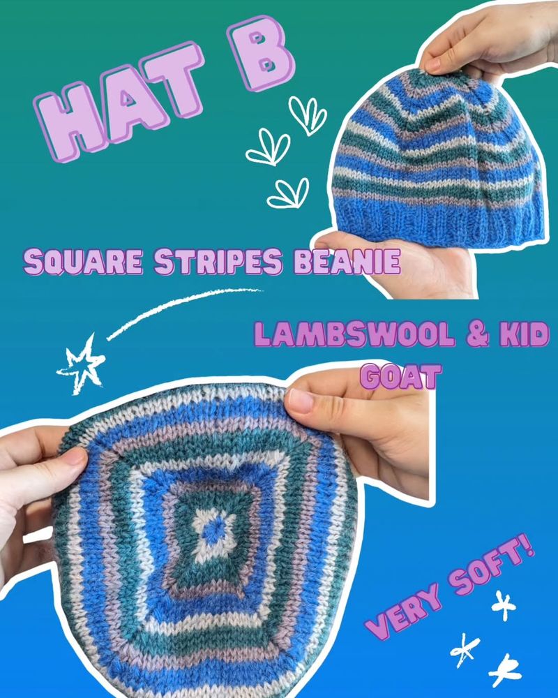 photo collage of "Hat B," the "square stripes beanie," a which has blue, white, gray, and green stripes. this hat is made of a lambswool & kid goat blend, and is especially soft.