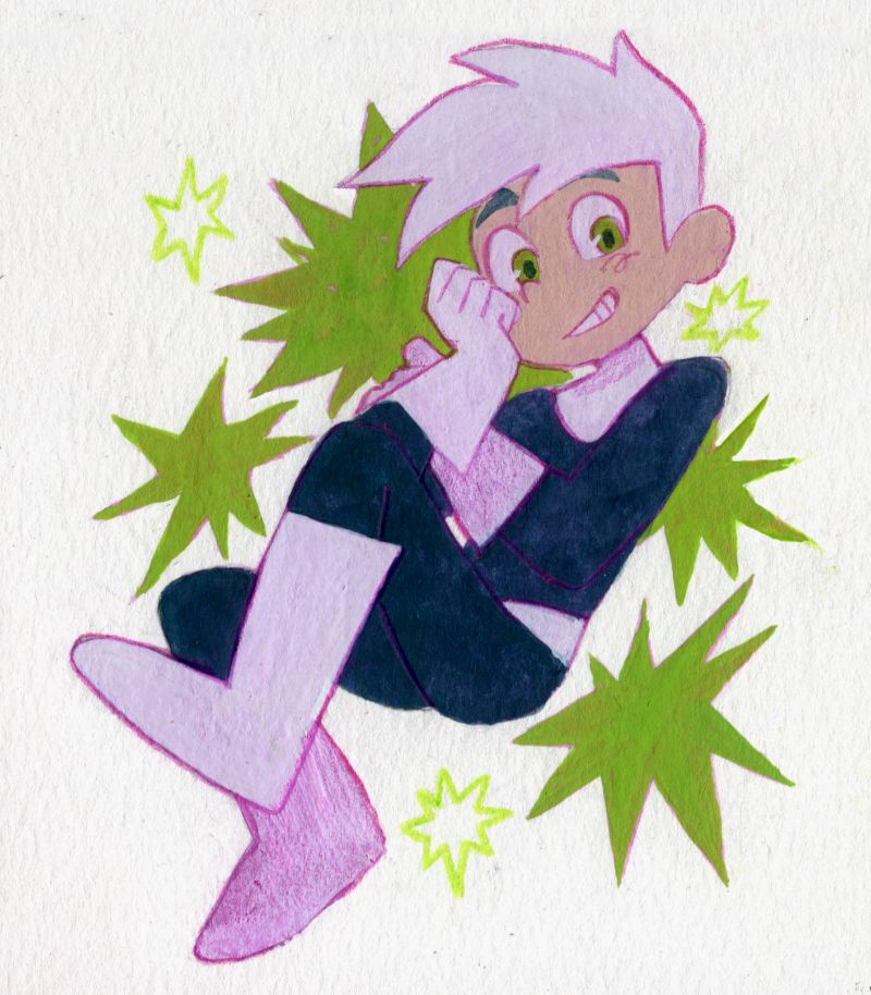 scanned gouache sketch of danny phantom, a ghost cuteboy with snowy white hair and glowing green eyes. commission belongs to @ghostzvne.neocities.org