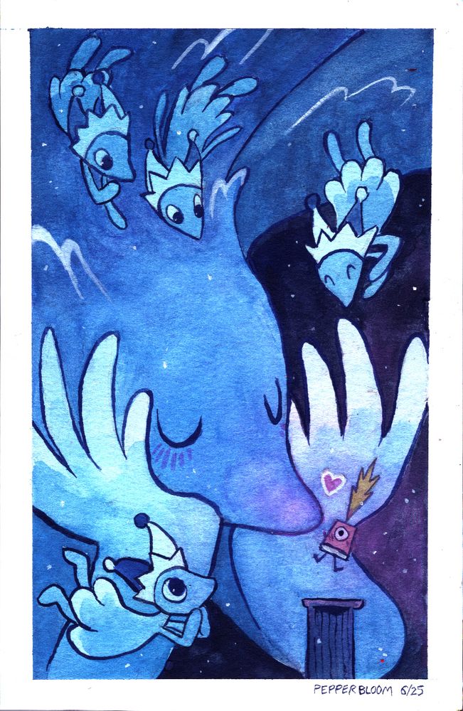 5.5"x8" gouache painting. miss mizzle, a giant water spirit, bends down to kiss cuptain, a red solo cup with one eye. smaller mizzles float around them. the painting has a blue color scheme with a subtle purple accent.