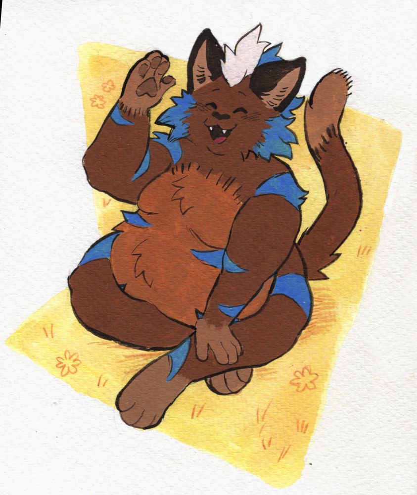 gouache painting of a fat brown cat furry with blue stripes and a mowhawk, sitting in a sunny field. he's waving at the camera and smiling wide. character/commission belongs to Note.