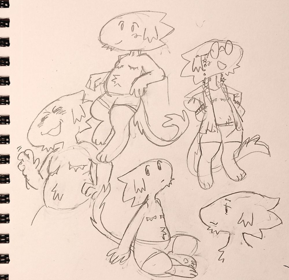 sketchbook doodles of my fursona, a fluffy bipedal animal with top surgery scars