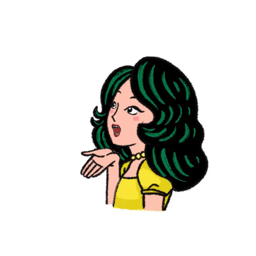 a woman with green hair is pointing at a red heart