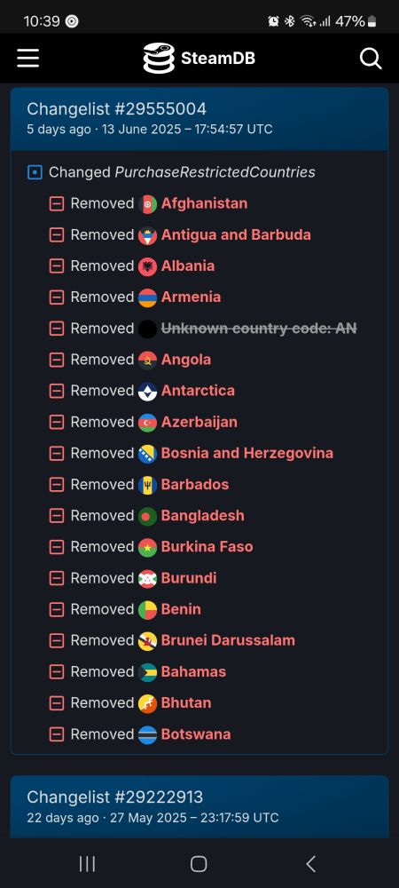 Print from SteamDB showing lifted country restrictions on Sony games.