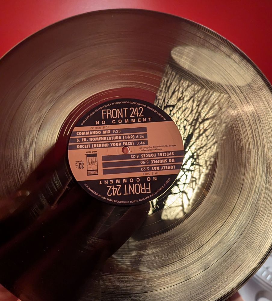 Close up of transparent grey vinyl and center label.
