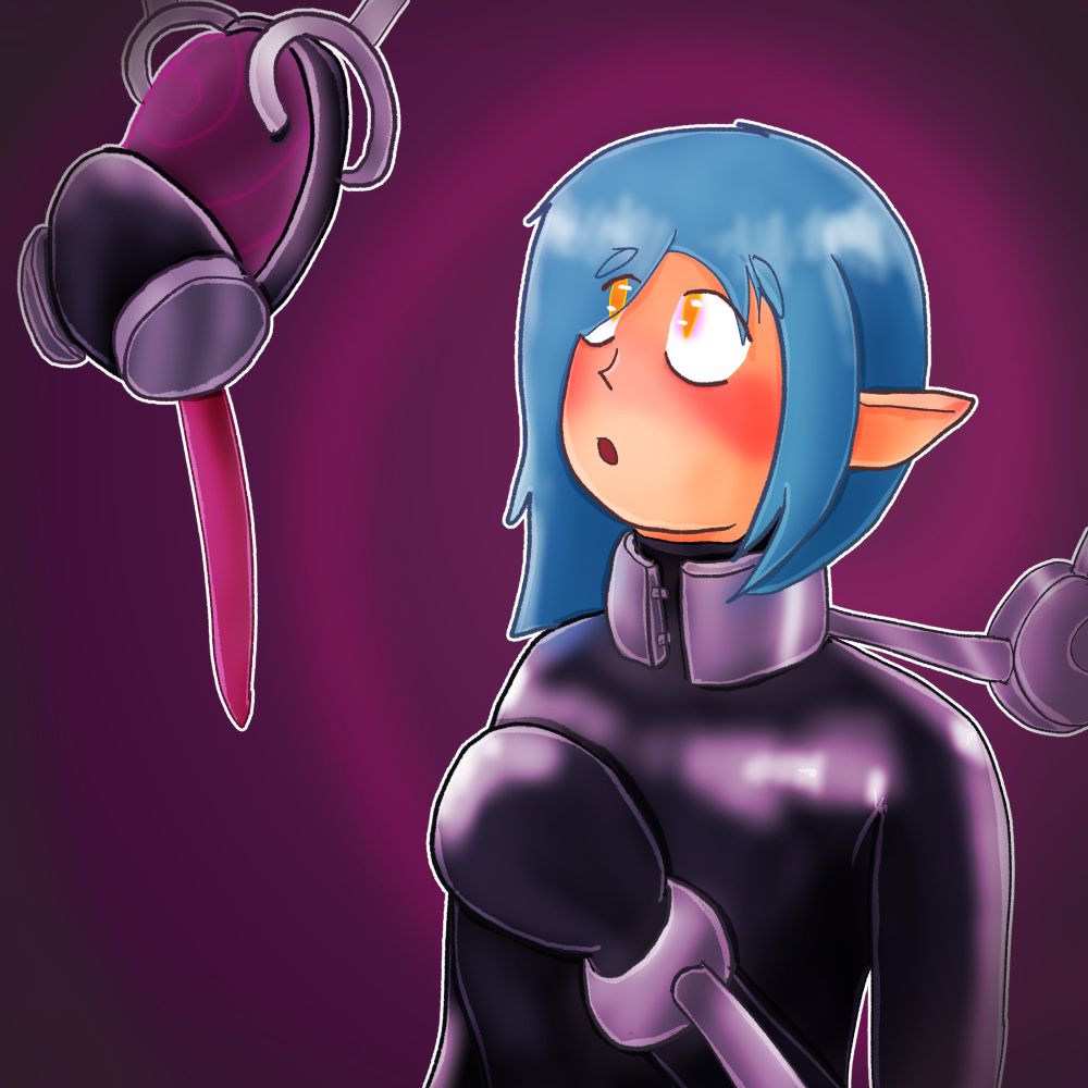 A blue haired elf looking up at a gasmask with a long gag eagerly.