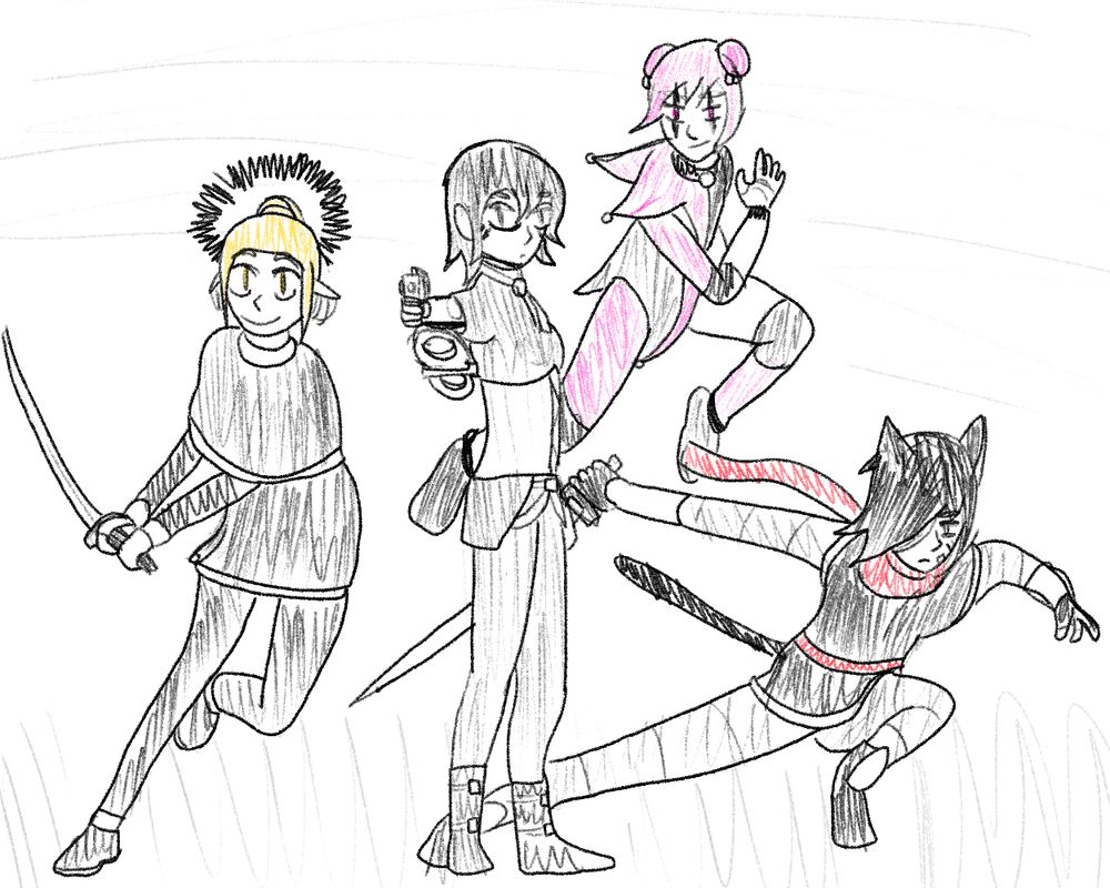 Joy, Itzi, Mizi, and Carrion in a cool pose with their weapons out