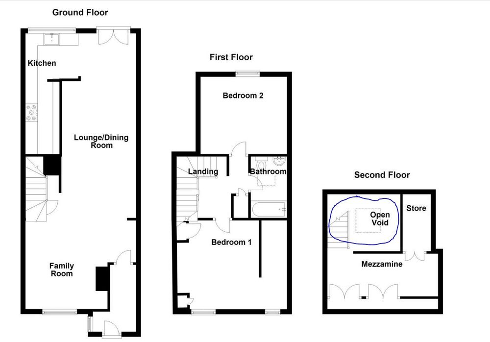 A floor plan of a house where open void on the second floor is circled. 