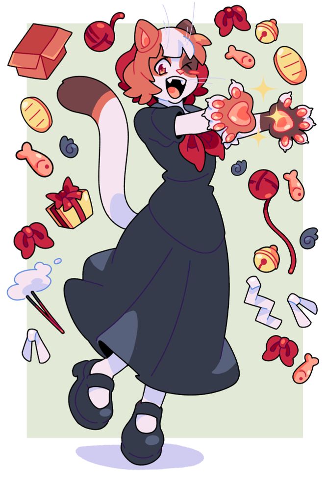 An Artfight attack for mrixeer of their character Fuko. Shes a calico cat girl surrounded by kitty related items!