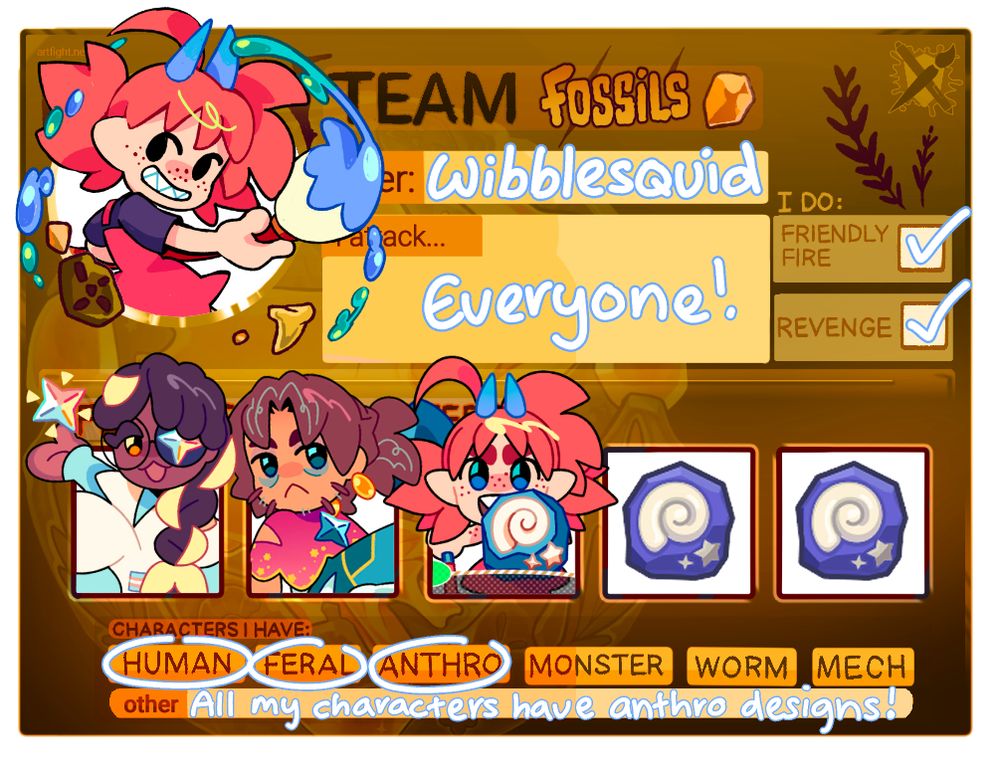 wibblesquids artfight sheet for 2025! They are on team Fossils!